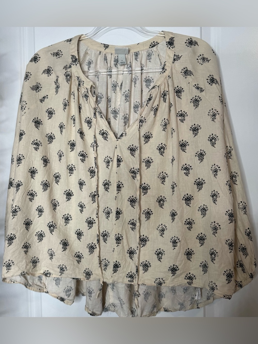 a new day Cream V-Neck Peasant Tunic with Black Floral Print oversized linen LG